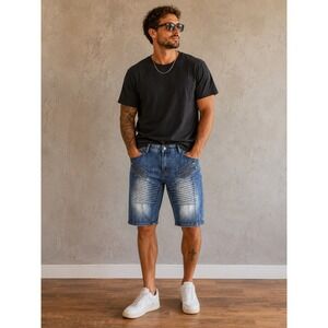 Trill Nation Mens Blue Biker Moto Denim Shorts Sz 36 Ribbed skater edgy gorpcore